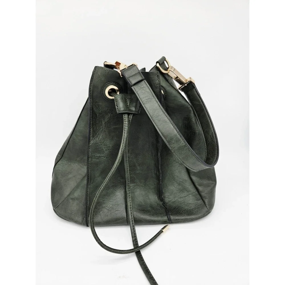Green Gold Pleated Bucket Bag Large Open Hobo bag Triangle Cinch top Shoulder